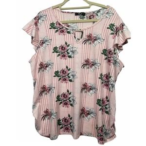 M & E Floral Front Keyhole Neck Blouse Top